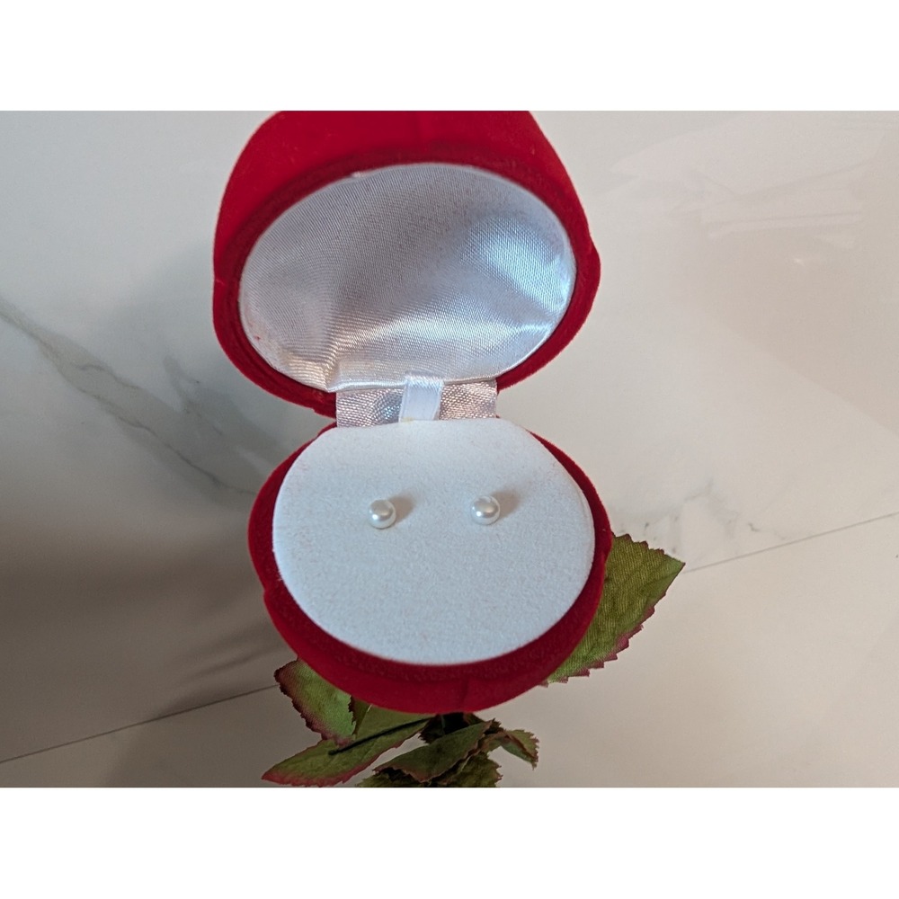 Avon Freshwater Pearl Stud Earrings with Red Rose Velvet Jewelry Holder Box